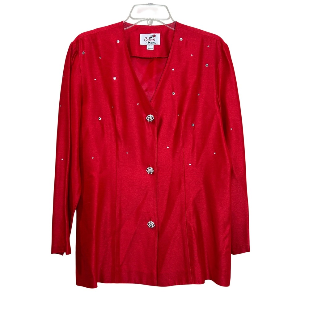 Vintage Blazer Jacket Womens 12 Red Rhinestone Embellished Evening Festive Glam